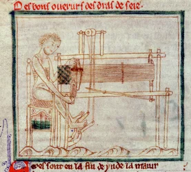 Ms 0.9.34 fol.32v Treadle Loom, fra Romance of Alexander, 1250